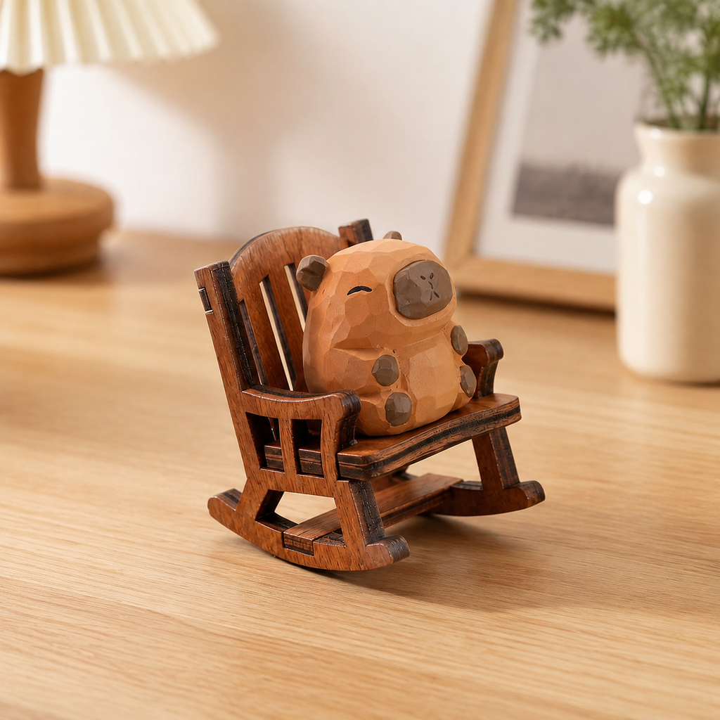 Hand-carved wooden capybara figurine resting in a miniature rocking chair