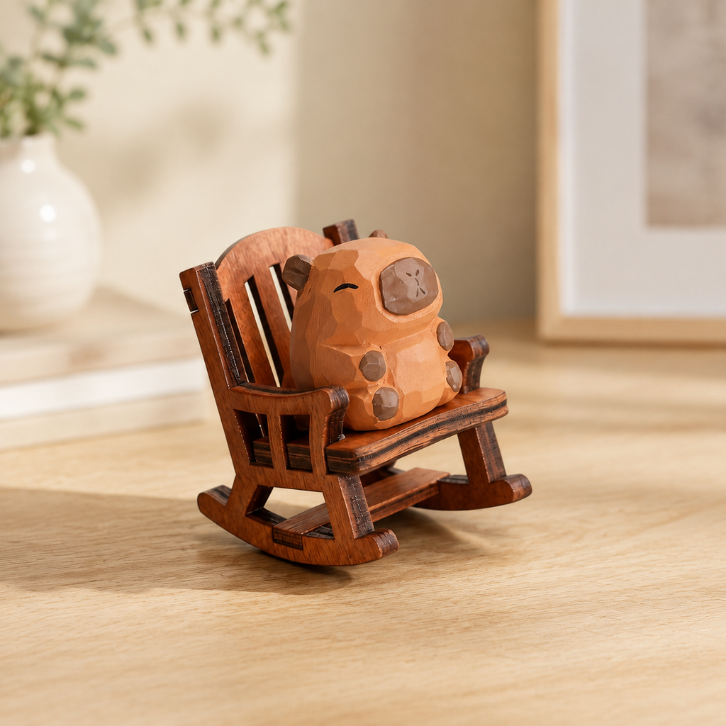 Capybara Rocking Chair Figurine | Handmade Desk Decor — Capybara Rocking Chair — Gift Box — Western home decor product photo
