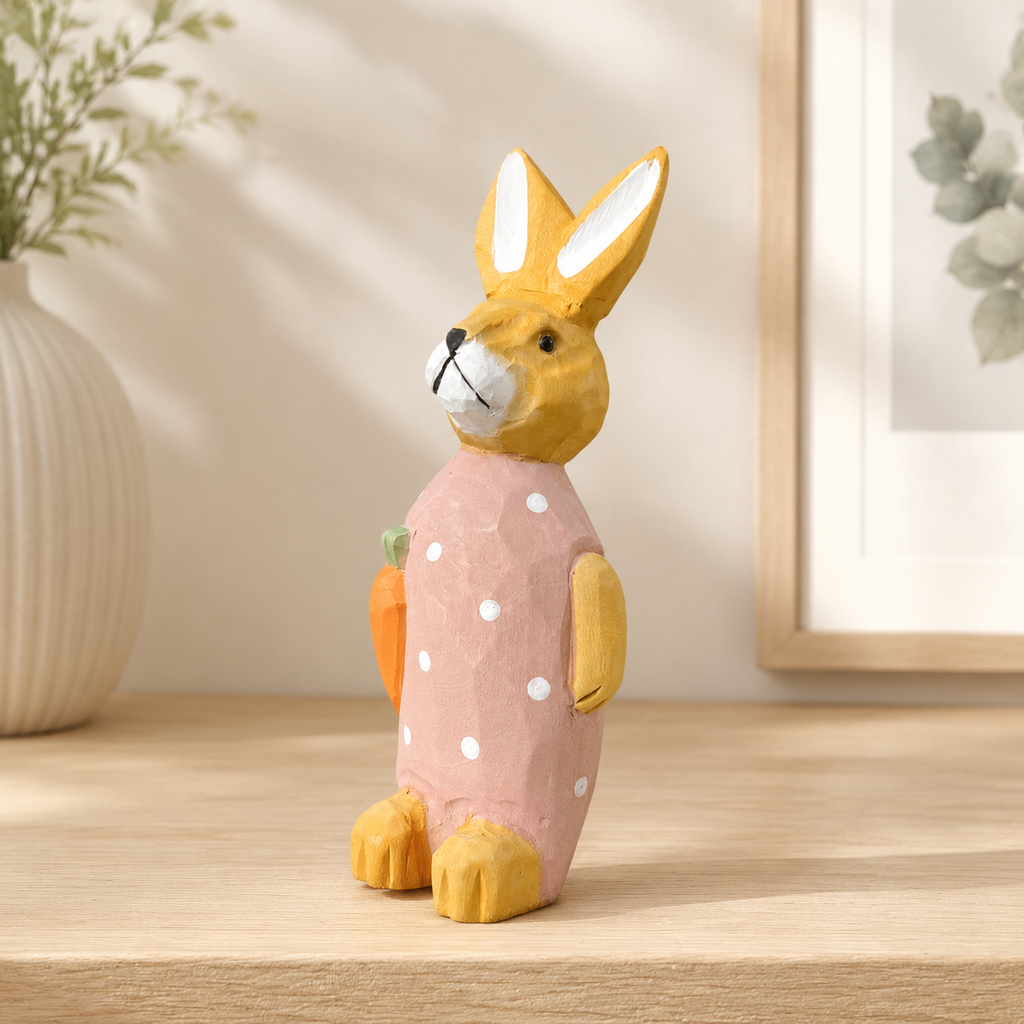 Carrot Bunny Figurine | Handmade Wooden Desk Decor - AI lifestyle product photo