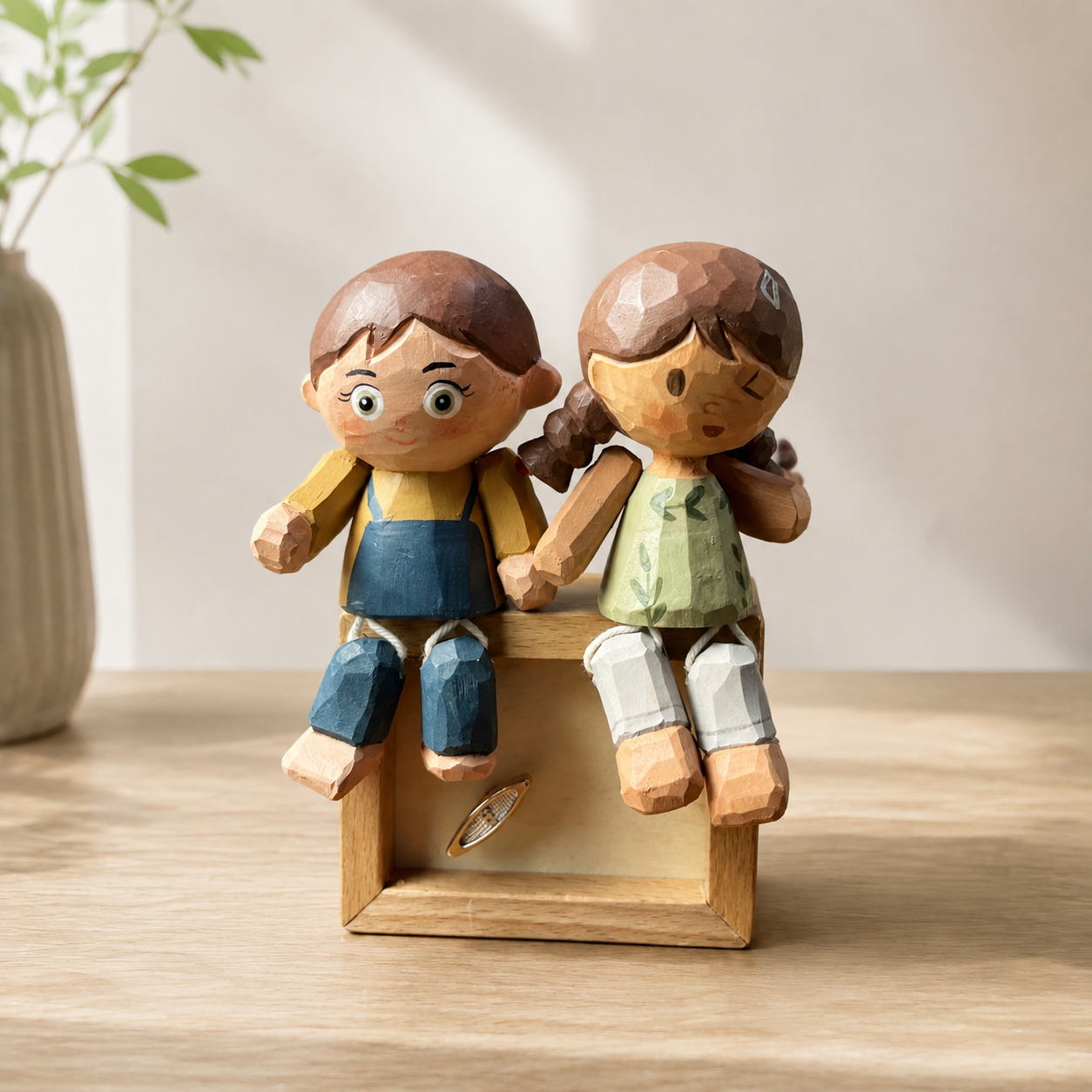 Childhood Sweethearts Wooden Figurines | Handmade Wooden Desk Decor - AI lifestyle product photo
