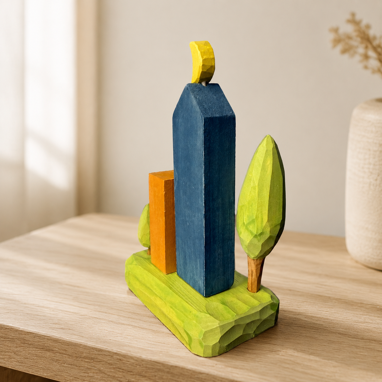 City Towers Wooden Decor | Handmade Wooden Desk Decor - AI lifestyle product photo