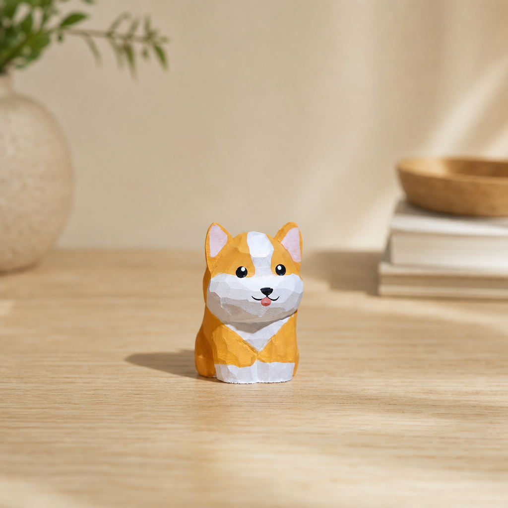Forest Puppy Wooden Figurines | Handmade Desk Decor — Corgi Wooden Puppy — Western home decor product photo