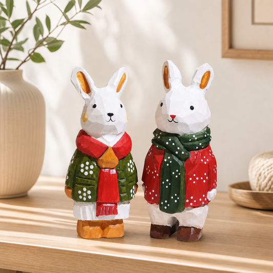 Hand-finished wooden rabbit couple figurines displayed on a modern home desk.