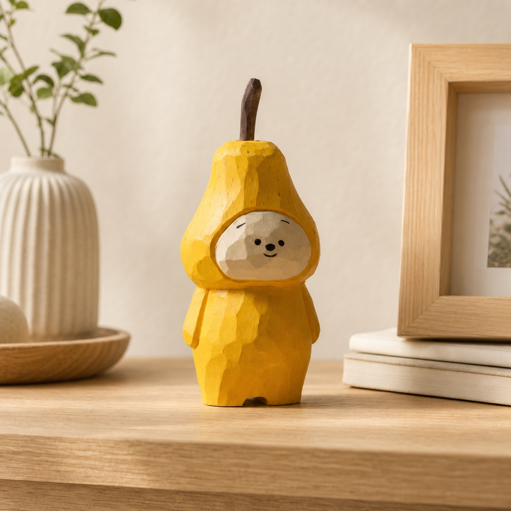Hand-carved wooden pear character figurine with bright yellow finish on shelf