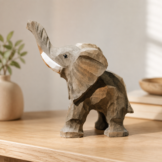Pair of wooden elephant couple figurines displayed on a warm lifestyle tabletop