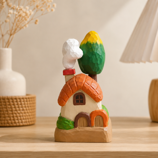 Miniature wooden cottage scene with trees and cloud on a cozy wooden desk