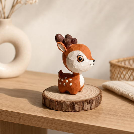 Hand-finished wooden deer figurine standing on a natural rustic wood base
