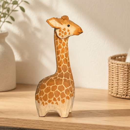 Hand-finished wooden giraffe figurine on a warm wooden display table