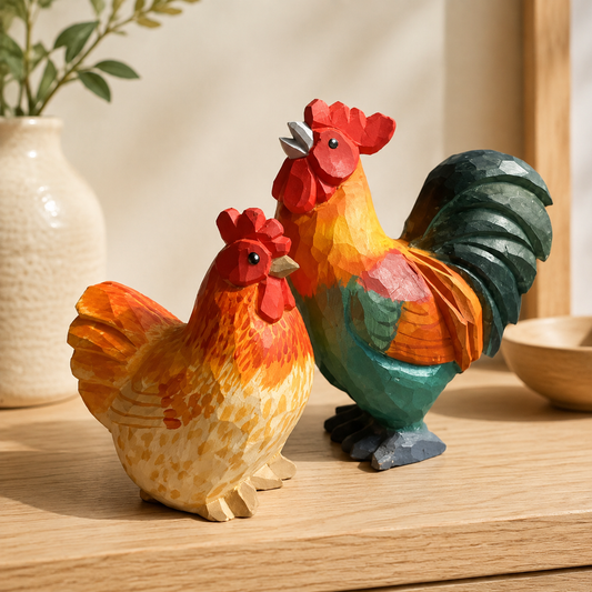 Wooden rooster and hen figurines displayed together on a warm tabletop