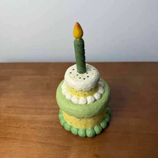Hand-crafted solid wood birthday cake decor accent with painted candle detail