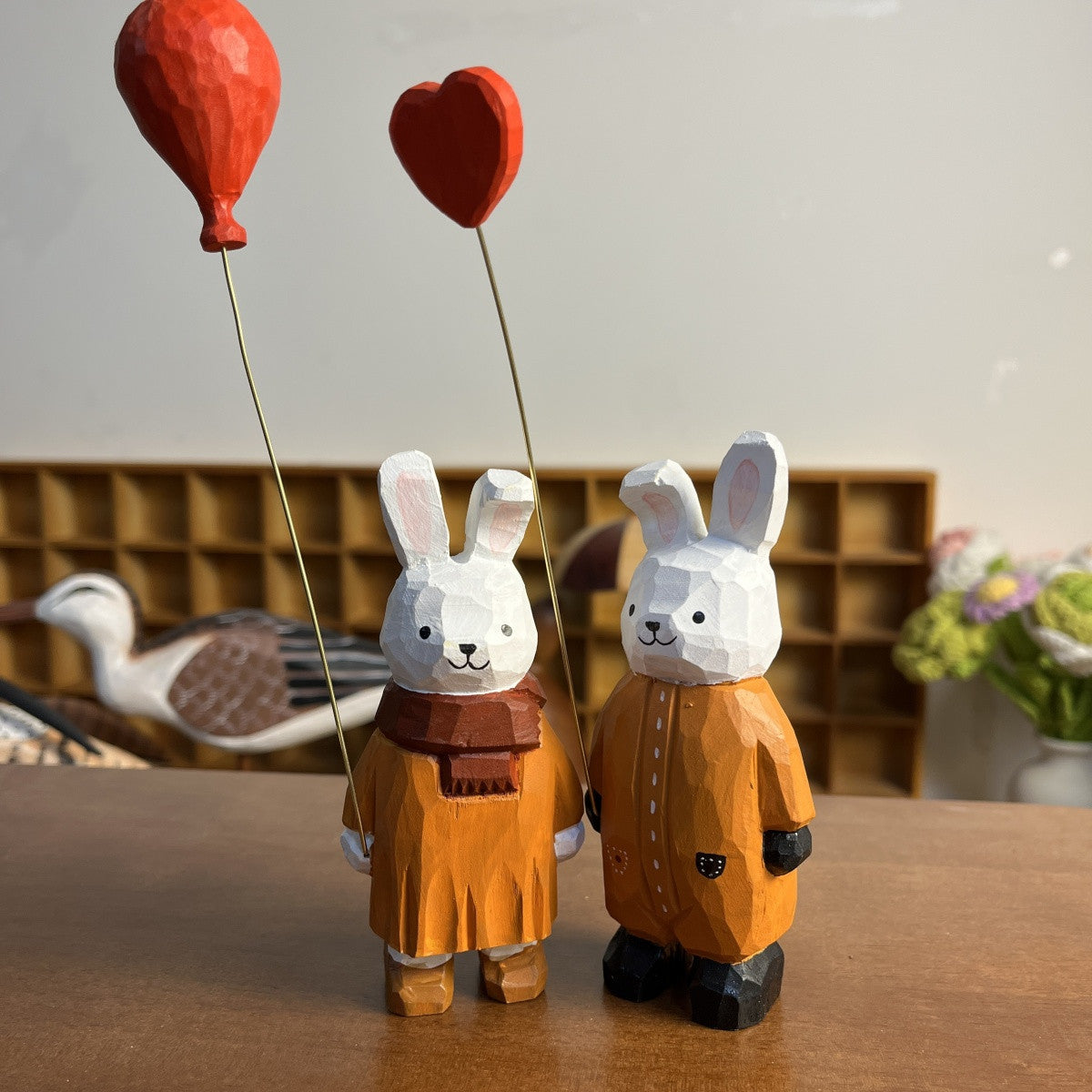 Heart Balloon Bunny Wooden Figurine Set | Handmade Desk Decor