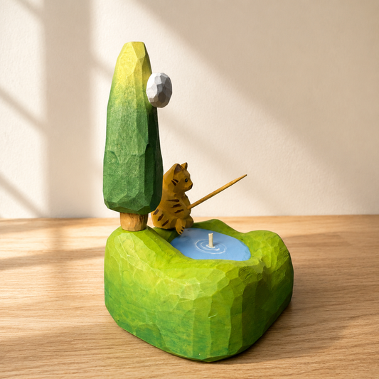 Playful fishing cat wooden figurine standing on a sculpted landscape base