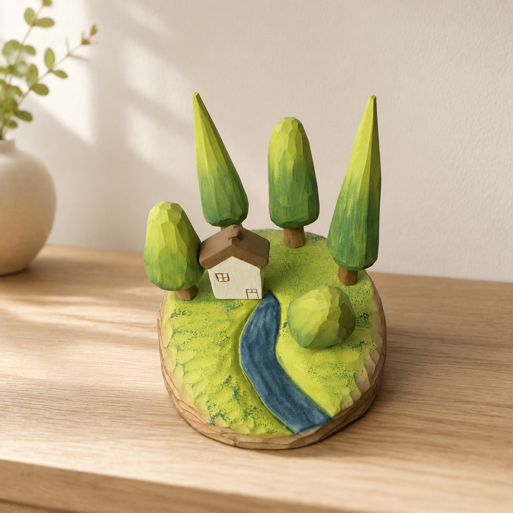 Forest Cottage Wooden Scene | Handmade Wooden Desk Decor - AI lifestyle product photo