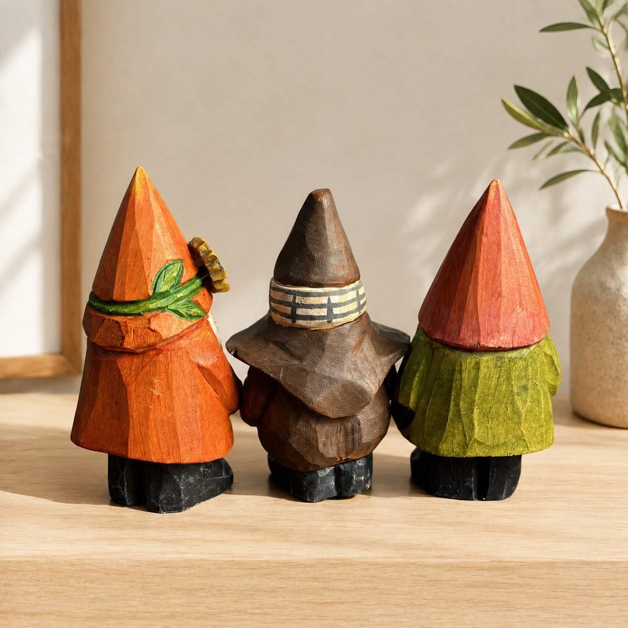 Forest Gnome Figurine | Handmade Wooden Desk Decor - AI lifestyle product photo