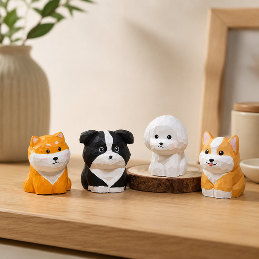 Hand-carved wooden puppy figurines of various dog breeds on a wooden desk