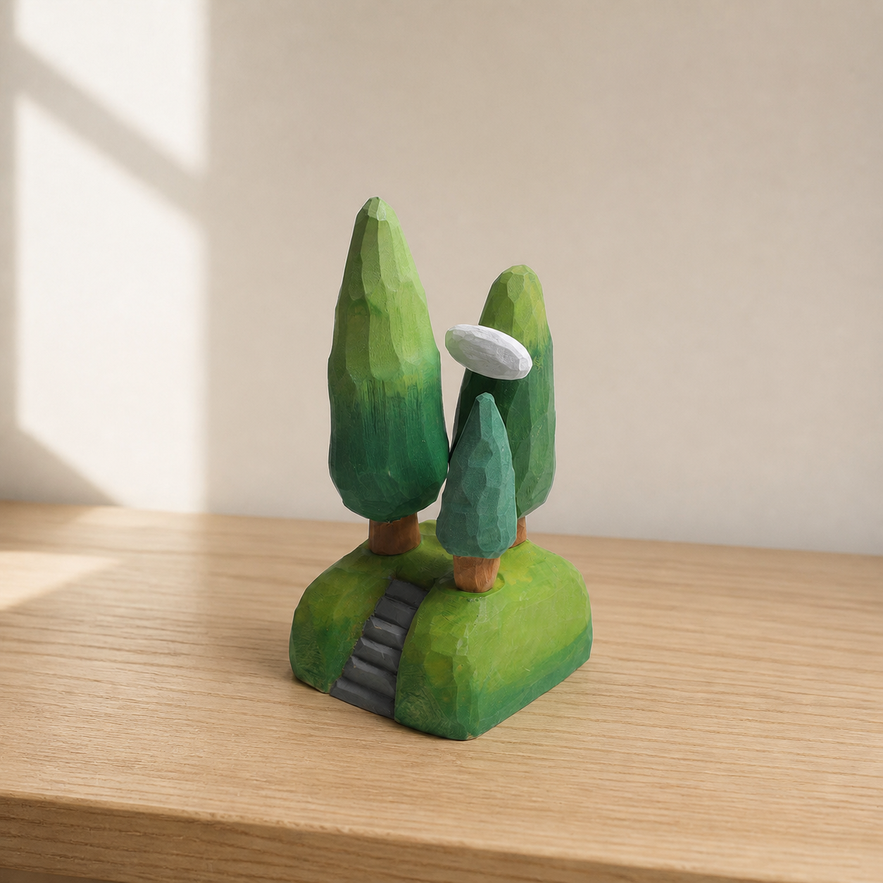 Hand-carved forest tree scene with cloud - reverse view