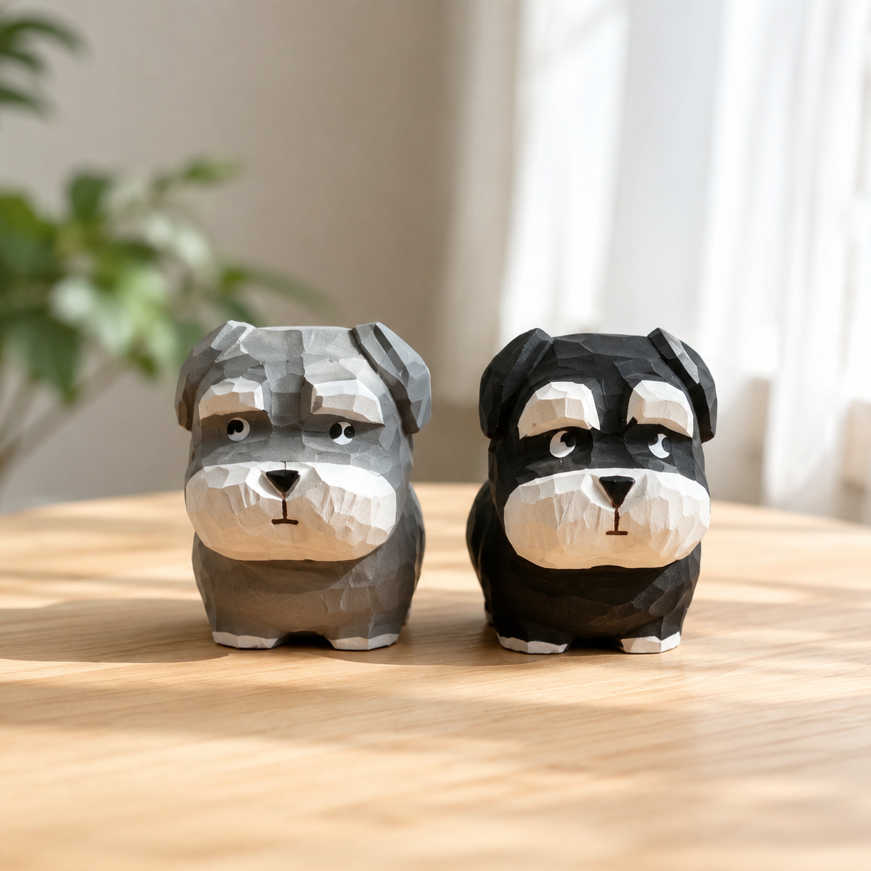 Hand-finished daydreaming Schnauzer wooden dog figurine on a wooden desk