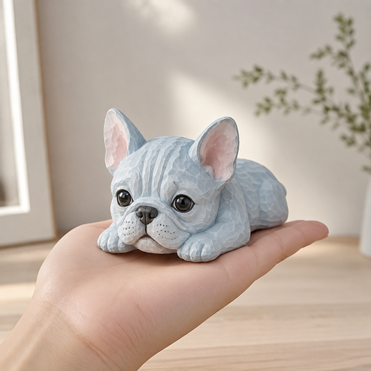 Small wooden French bulldog figurine displayed on a modern office desk