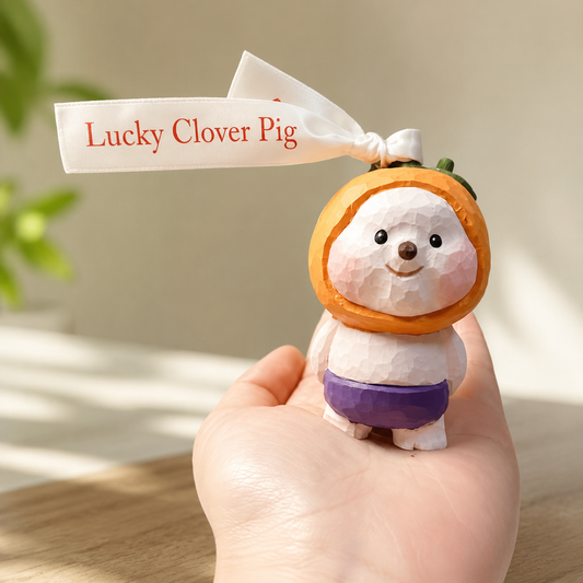 Hand-finished lucky clover pig wooden figurine sitting on a wooden display shelf