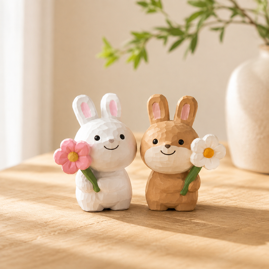 Cute wooden bunny figurine holding a flower accent on display