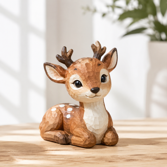 Rustic deer wooden figurine sitting on a wooden study shelf