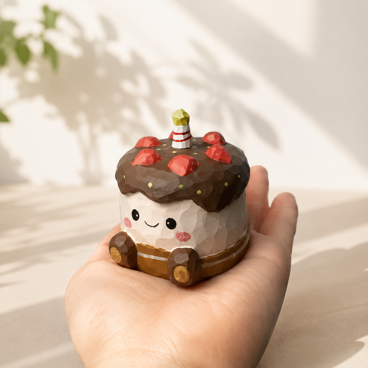 Miniature wooden chocolate cake decorative figurine with painted details