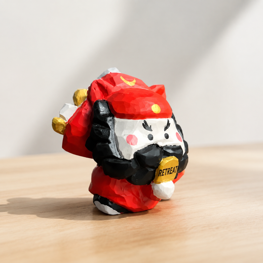 Hand-finished wooden mythic guardian figurine sitting on a dark wood shelf