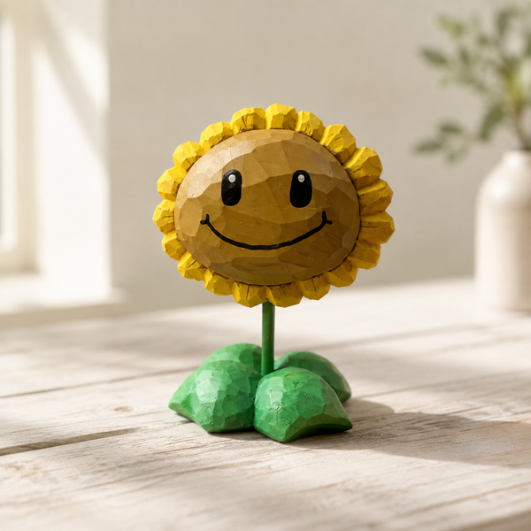 Bright yellow sunflower wooden figurine standing on a light wood desk