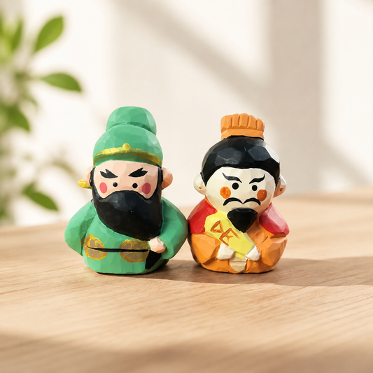 Set of four classic folklore wooden character figurines displayed together