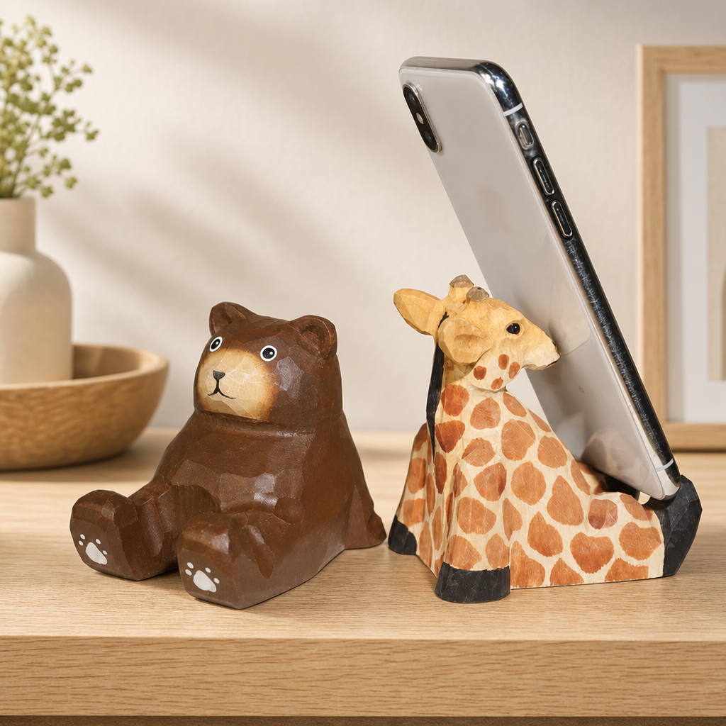 Hand-carved wooden animal phone stand holding a smartphone on an office desk