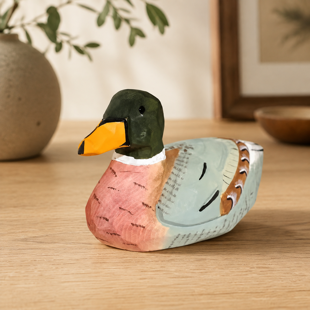 Wooden Duck Figurines | Handmade Desk Decor — Greenhead Duck — Light Blue Wing — Western home decor product photo