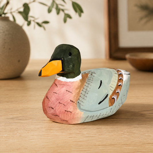 Wooden Duck Figurines | Handmade Desk Decor — Greenhead Duck — Light Blue Wing — Western home decor product photo