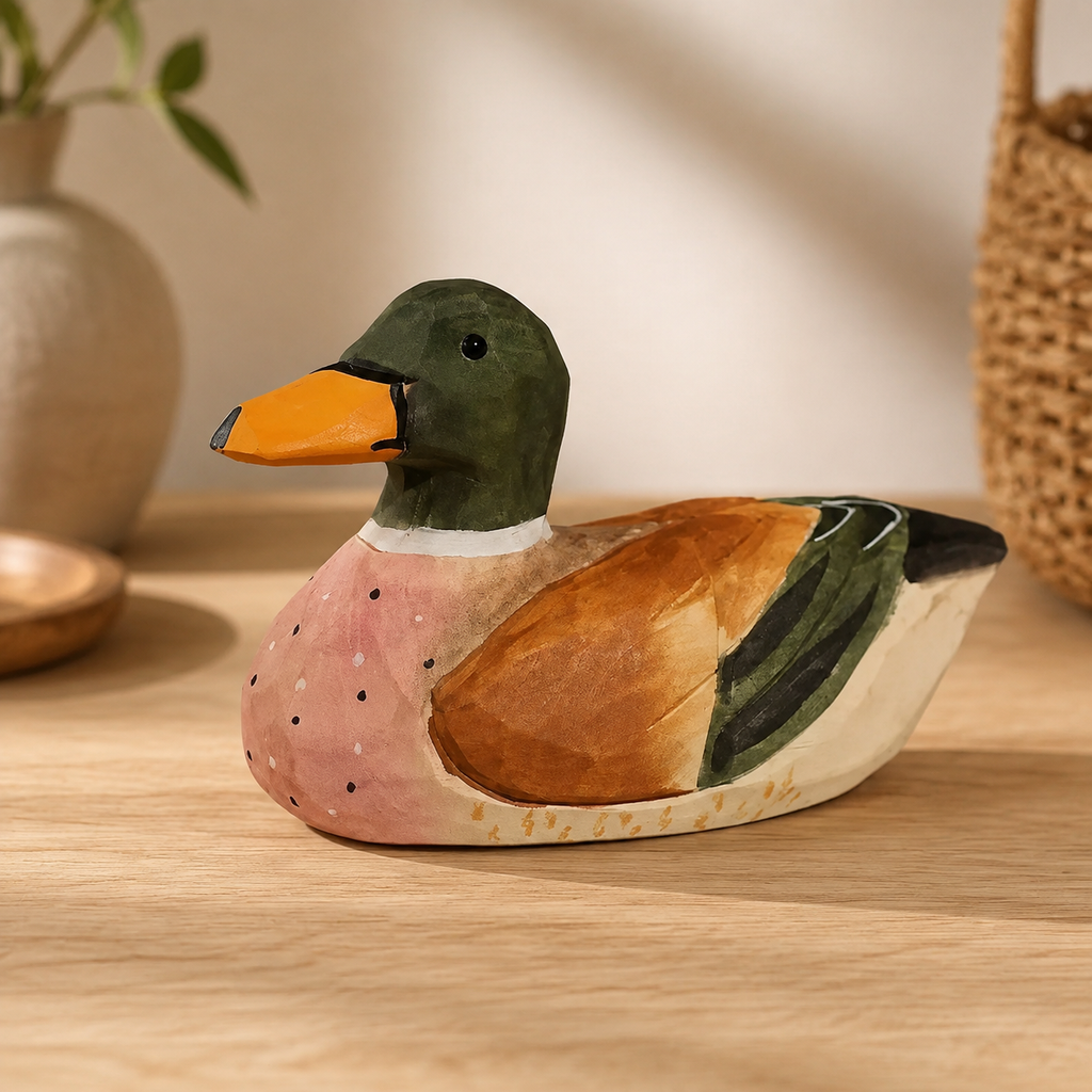 Wooden Duck Figurines | Handmade Desk Decor — Greenhead Duck — Brown Wing & Black Tail — Western home decor product photo