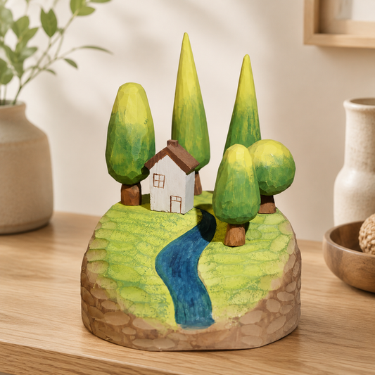 Miniature spring mountain forest wooden scene with cottage and stream on display