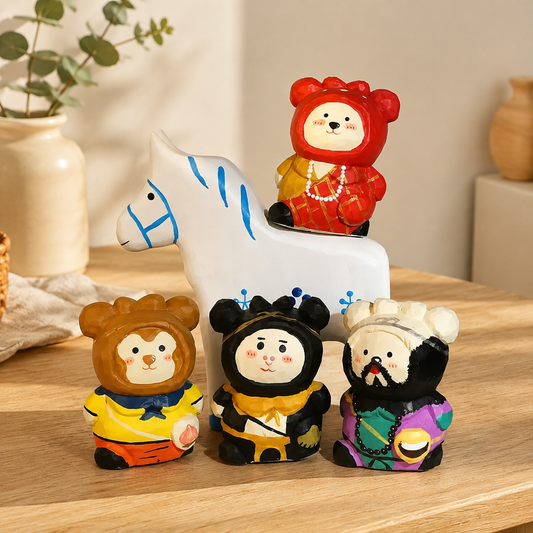 Set of character-inspired wooden figurines arranged neatly on a wooden desk.
