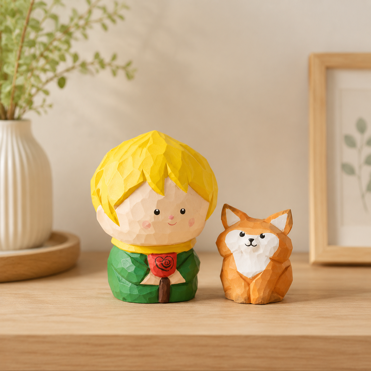 Storybook boy and fox wooden figurines placed in a cozy reading corner display.