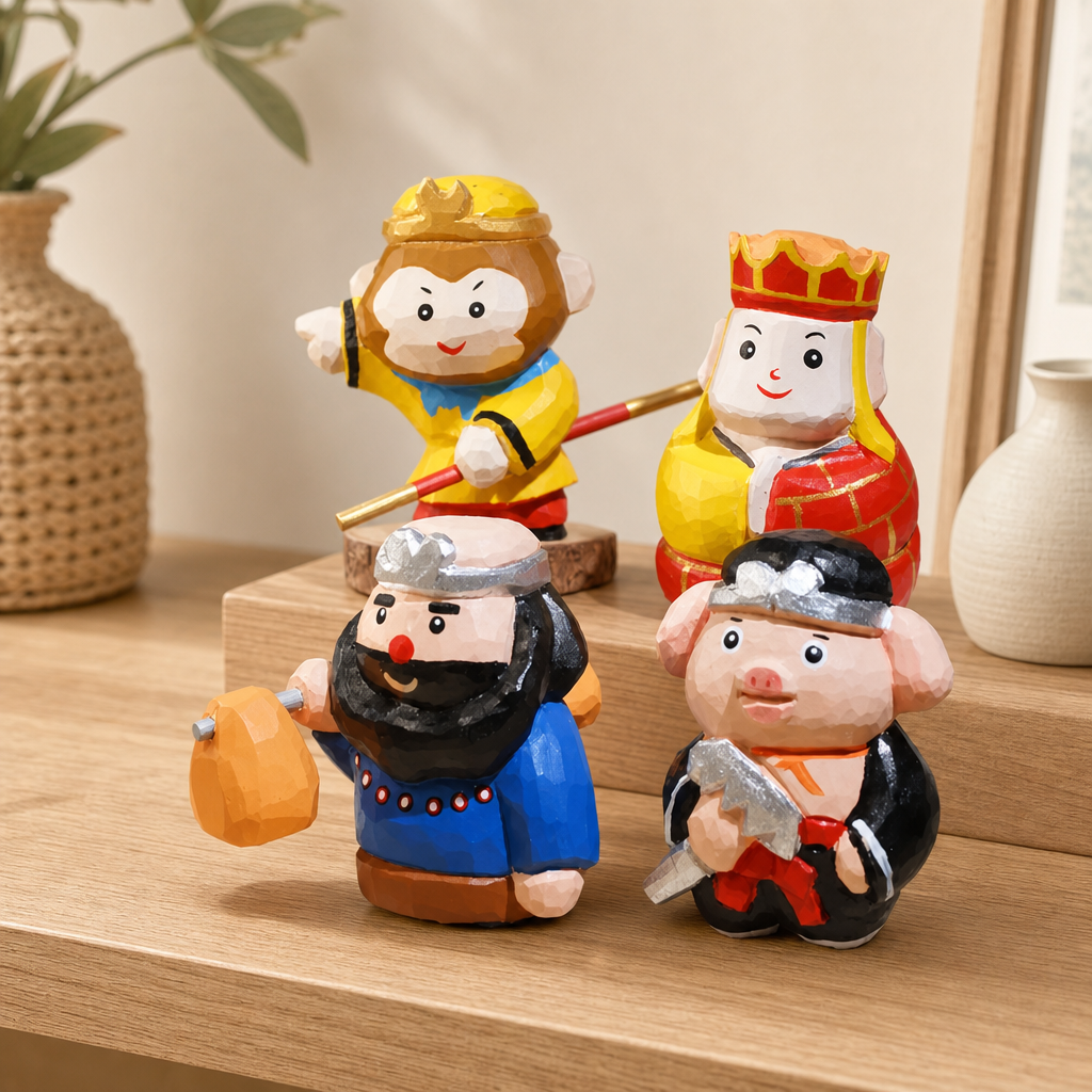 Journey to the West hand-finished wooden figurine set arranged on a wooden tabletop.