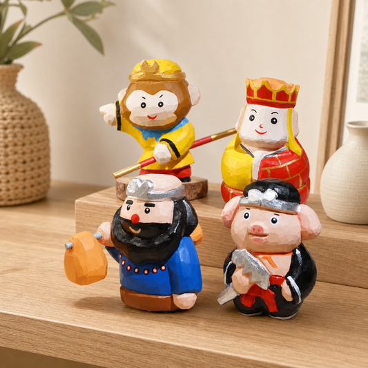 Journey to the West hand-finished wooden figurine set arranged on a wooden tabletop.