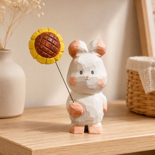 Hand-finished lucky rabbit wooden figurine holding a sunflower on a desk decor shelf.
