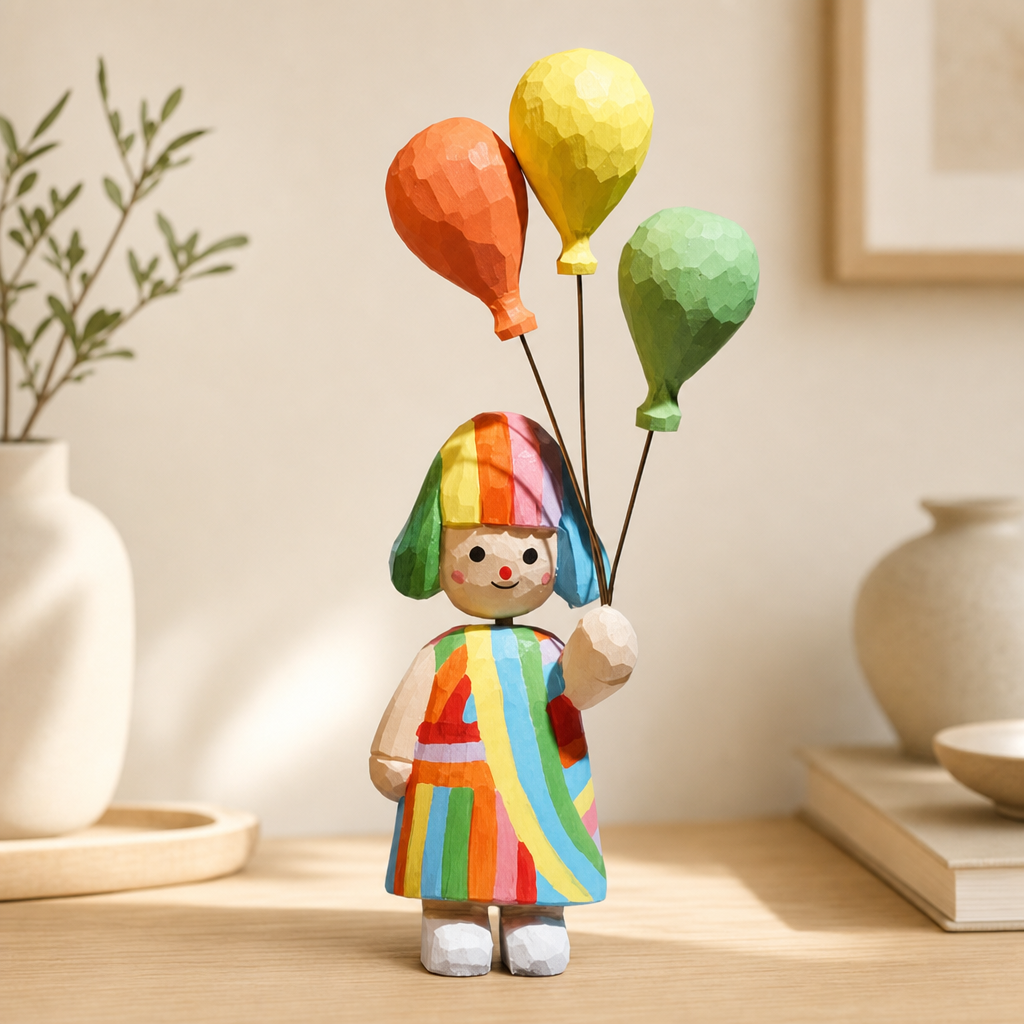 Playful colorful balloon girl wooden figurine sitting on a cozy room shelf.
