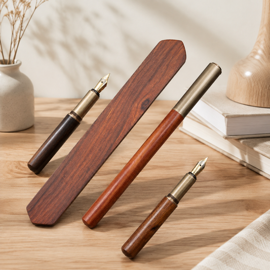 Close-up of a brass and wood fountain pen resting beside an open leather notebook.