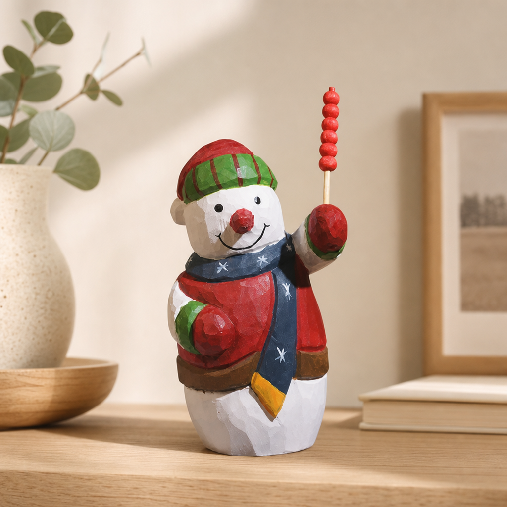Handcrafted wooden snowman figurine holding candied hawthorn on a cozy seasonal shelf