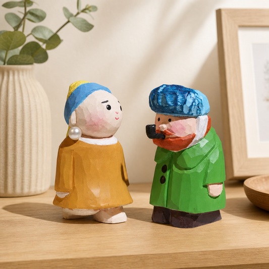 Artistic wooden figurine inspired by Girl with Pearl Earring on a wooden desk.