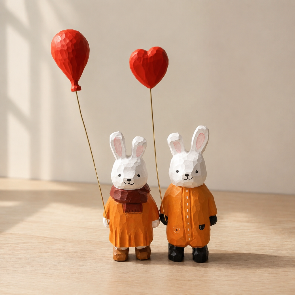 Heart Balloon Bunny Wooden Figurine Set | Handmade Desk Decor - AI lifestyle product photo