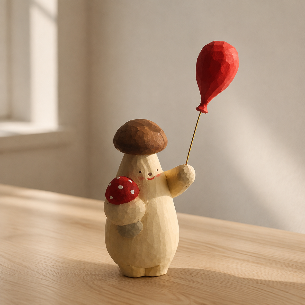 Mushroom Doll With Balloon | Handmade Wooden Desk Decor - King Oyster Mushroom With Red Balloon