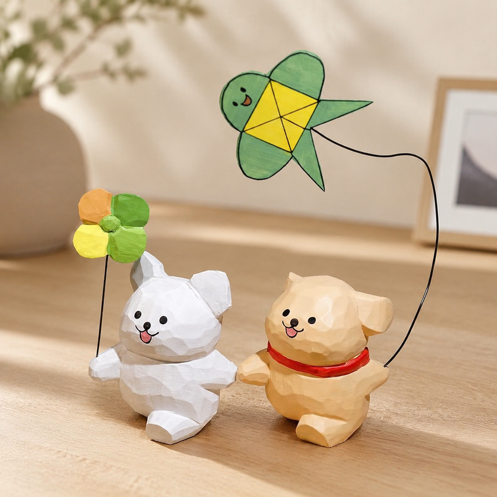 Line Art Puppy Kite & Pinwheel Wooden Figurines | Desk Decor — Kite & Pinwheel Pair — Western home decor product photo
