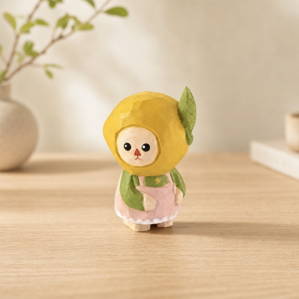 Wooden Fruit People Figurines | Handmade Desk Decor — Lemon Person — Pink — Western home decor product photo