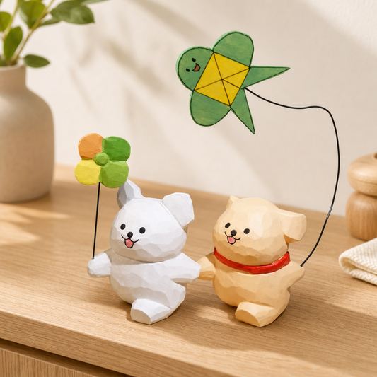 Handcrafted wooden line art puppy figurine holding a kite and pinwheel on a wooden desk