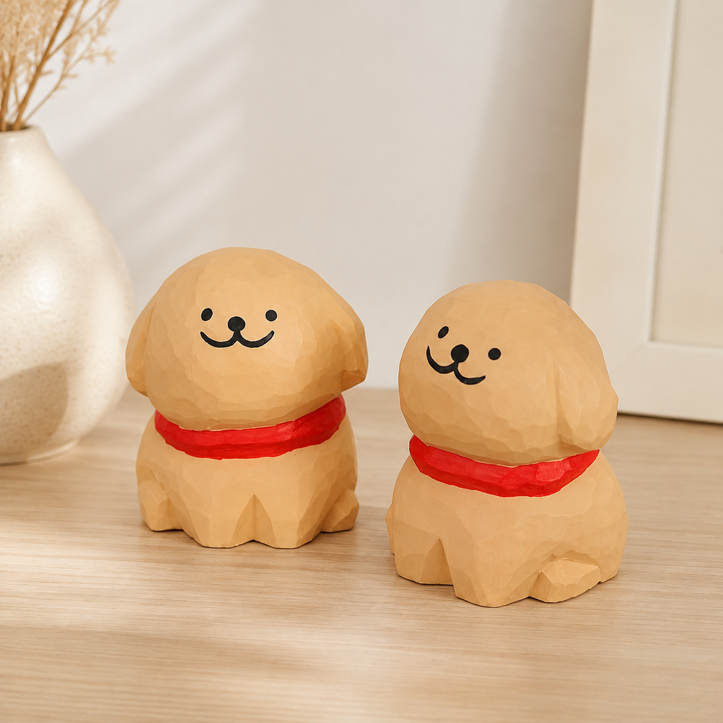 Line Art Puppy Figurine | Handmade Wooden Desk Decor - AI lifestyle product photo