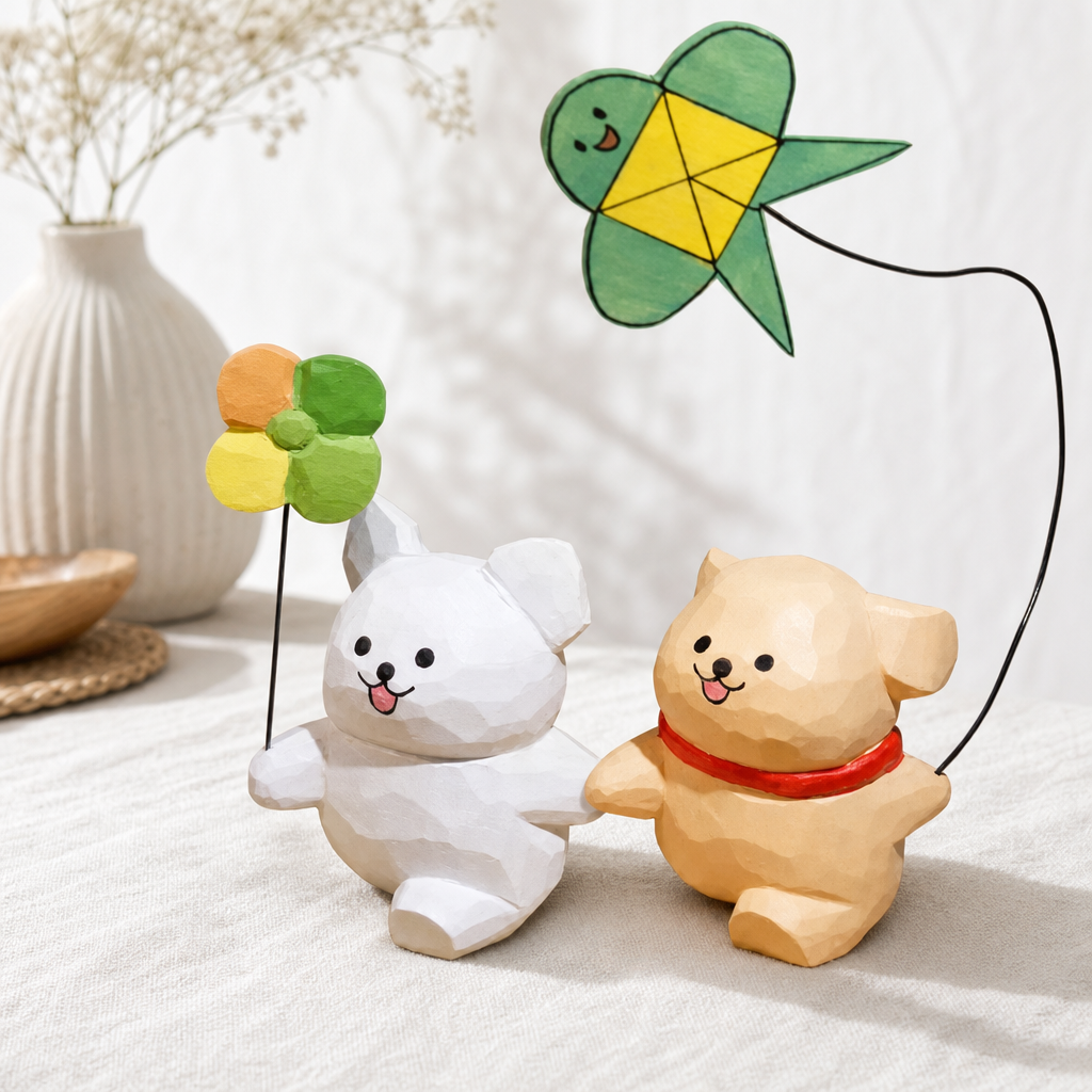 Line art puppy kite and pinwheel wooden figurine set on white linen in soft daylight